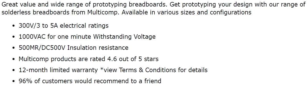 לוח ניסוי לאלקטרוניקה מטריצה MULTICOMP MCBB830